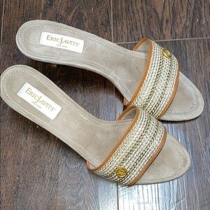 Eric Javits Tan and Gold Woven Slide Sandals